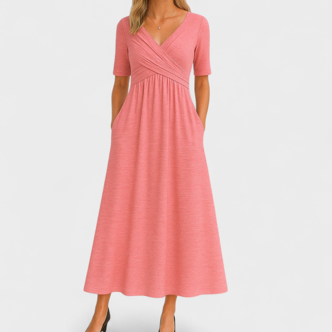 Women's Elegant Wrap Bodice Midi Dress With Pockets