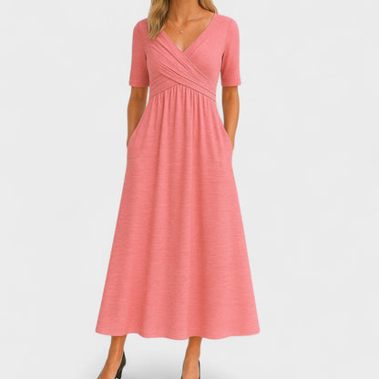 Women's Elegant Wrap Bodice Midi Dress With Pockets