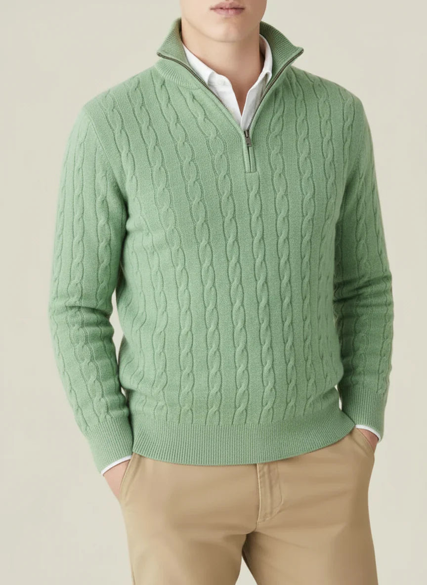 Men's Solid Spring Cable Knit Half Zip Smart Casual Sweater