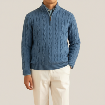 Men's Solid Spring Cable Knit Half Zip Smart Casual Sweater