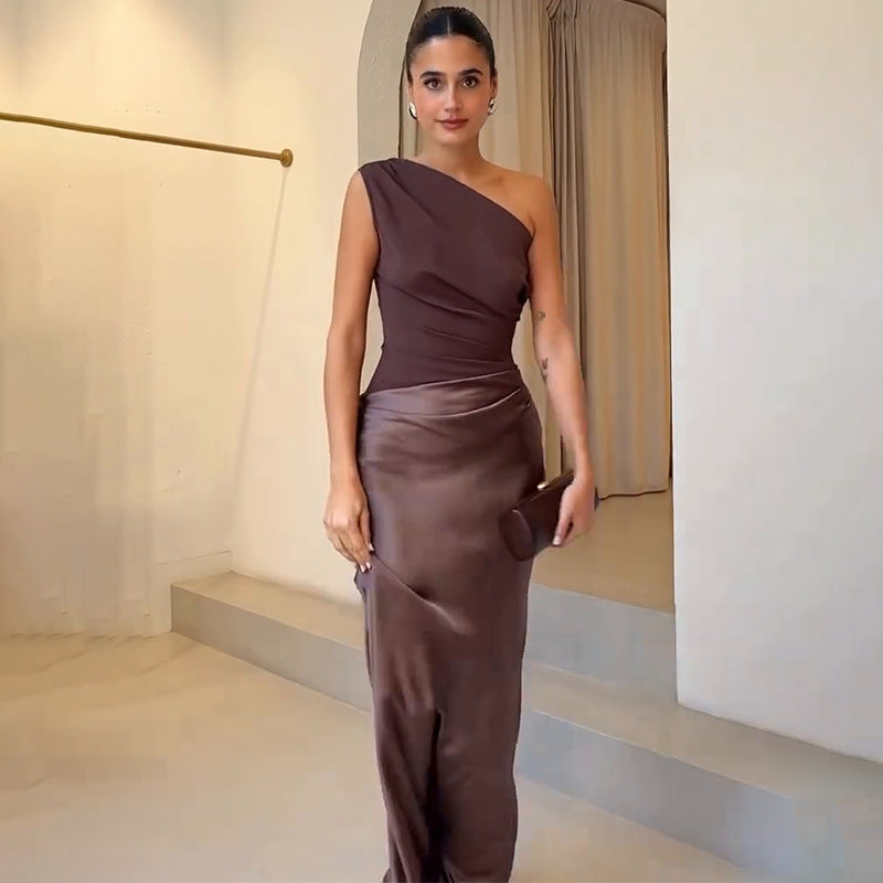 Women's Elegant One Shoulder Satin Maxi Dress With Draped Waist