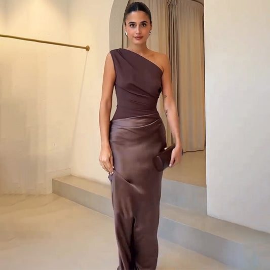 Women's Elegant One Shoulder Satin Maxi Dress With Draped Waist