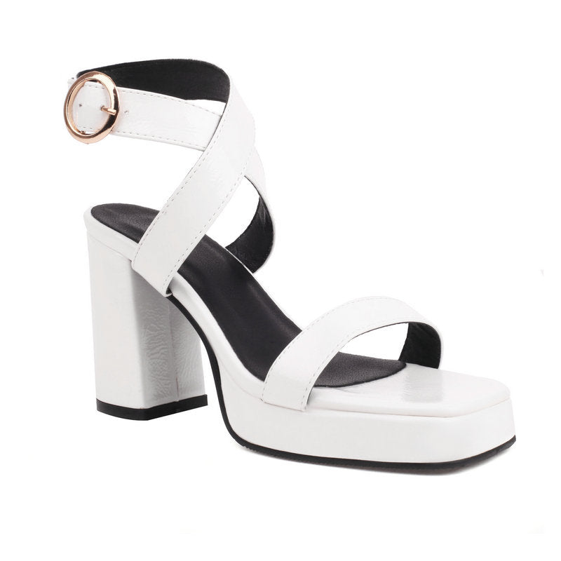 Women's Square Toe Cross Buckle Chunky Heel Summer Sandals