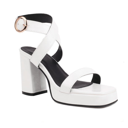 Women's Square Toe Cross Buckle Chunky Heel Summer Sandals