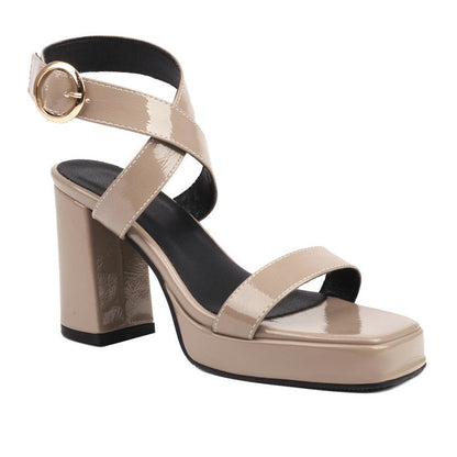 Women's Square Toe Cross Buckle Chunky Heel Summer Sandals