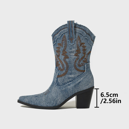 Women's Chunky Heel Denim Stiched High Embroidered Vintage Boots - LAKD London