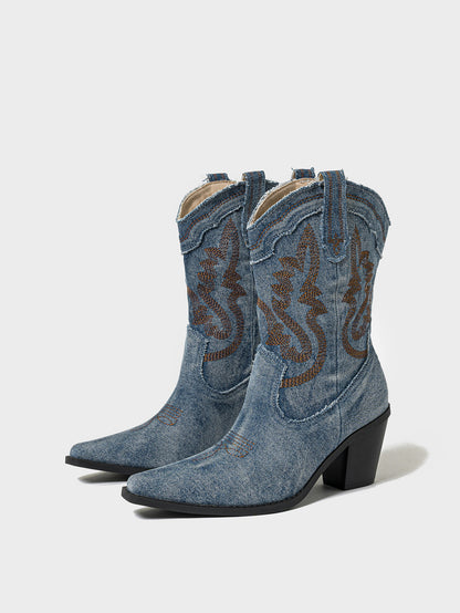 Women's Chunky Heel Denim Stiched High Embroidered Vintage Boots - LAKD London