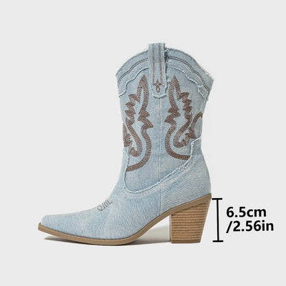 Women's Chunky Heel Denim Stiched High Embroidered Vintage Boots - LAKD London