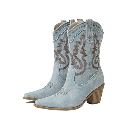 Women's Chunky Heel Denim Stiched High Embroidered Vintage Boots - LAKD London