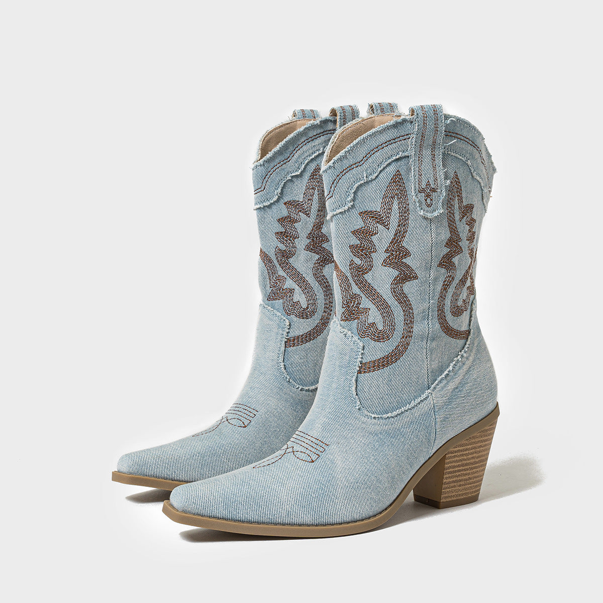 Women's Chunky Heel Denim Stiched High Embroidered Vintage Boots - LAKD London