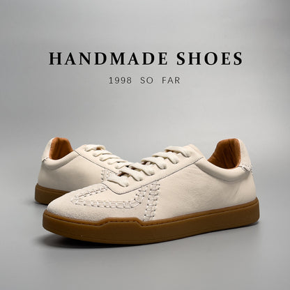 Men's Genuine Leather Low Cut Baseball Style Casual Lace Sneakers