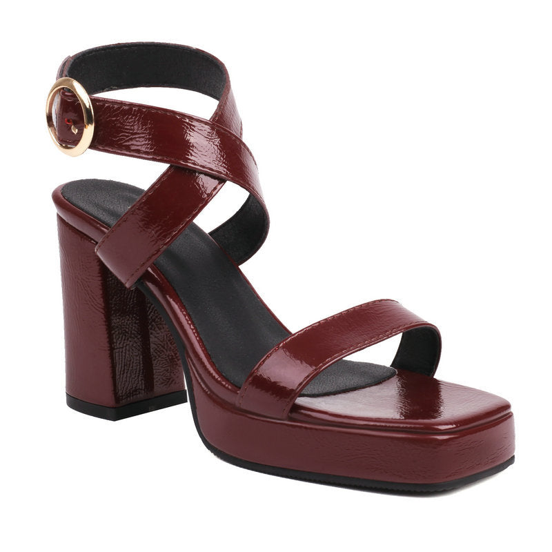 Women's Square Toe Cross Buckle Chunky Heel Summer Sandals