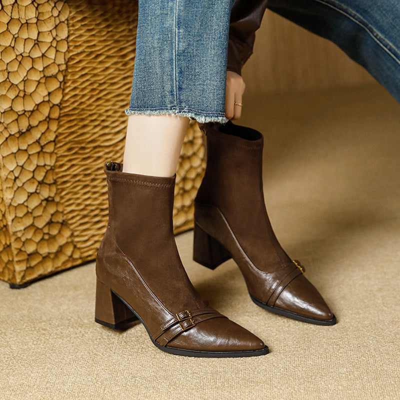 Women's Chunky Heel Autumn And Winter Stretch Pointed High Boots