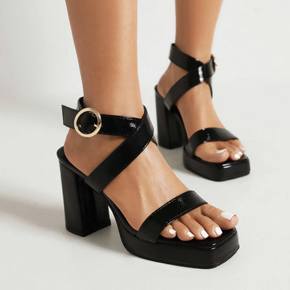 Women's Square Toe Cross Buckle Chunky Heel Summer Sandals