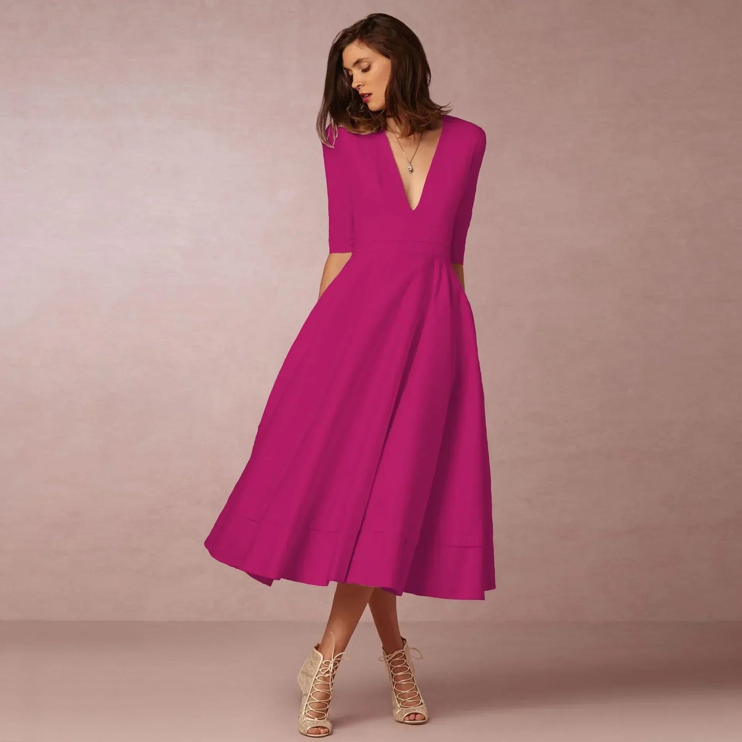 Women's Elegant Solid V-Neck Flowing Flared Midi Dress