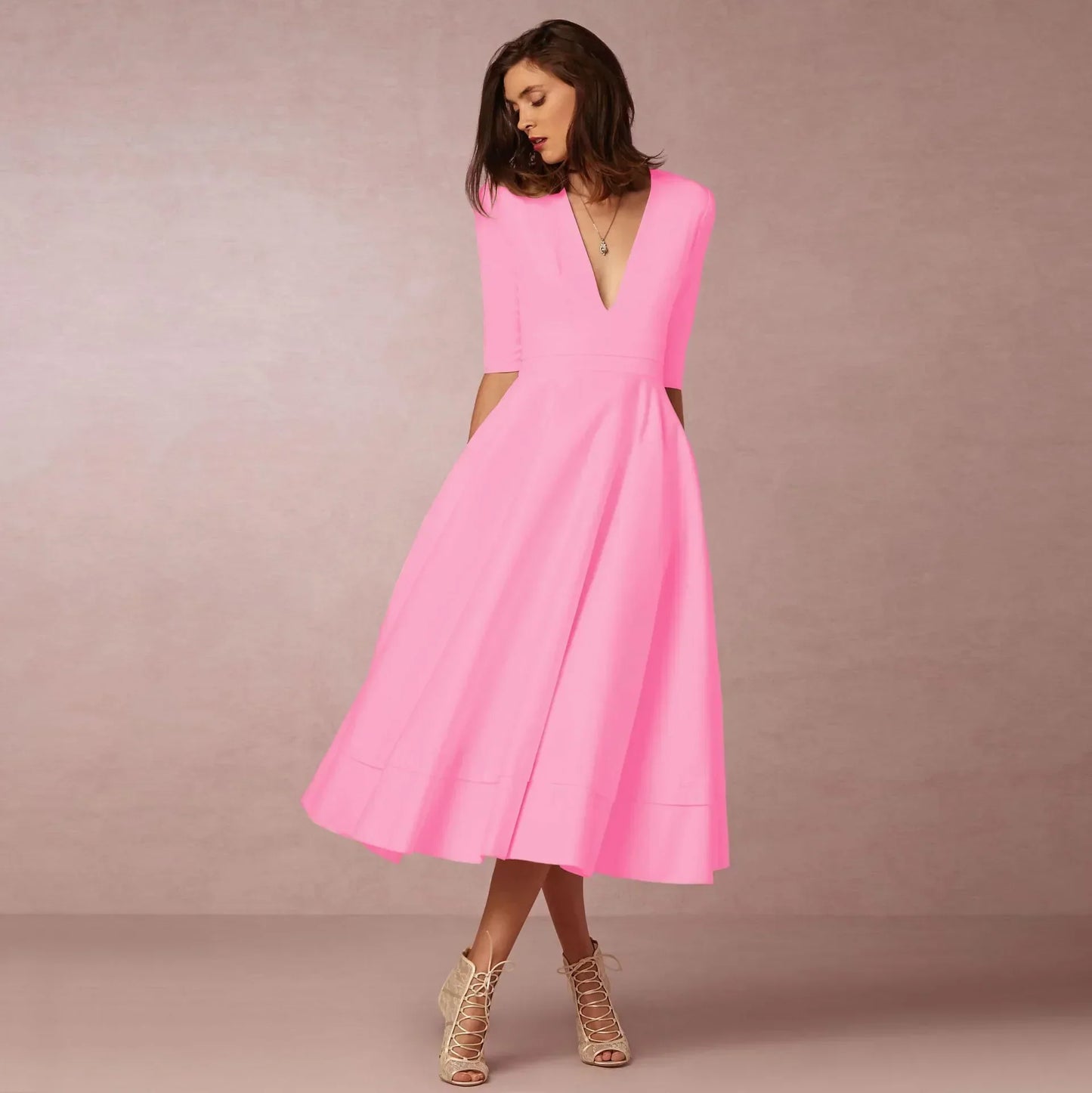 Women's Elegant Solid V-Neck Flowing Flared Midi Dress