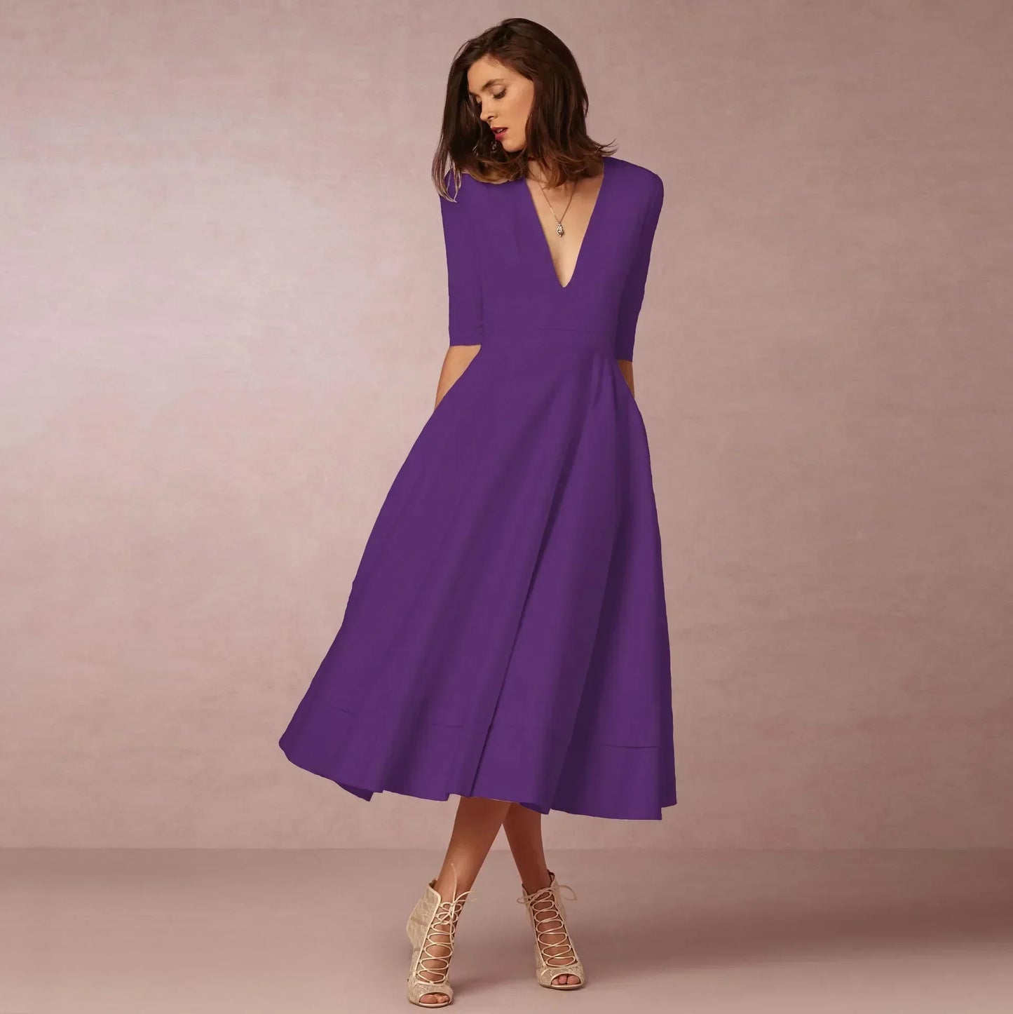 Women's Elegant Solid V-Neck Flowing Flared Midi Dress