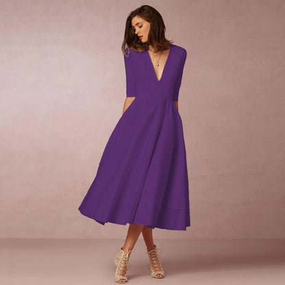 Women's Elegant Solid V-Neck Flowing Flared Midi Dress