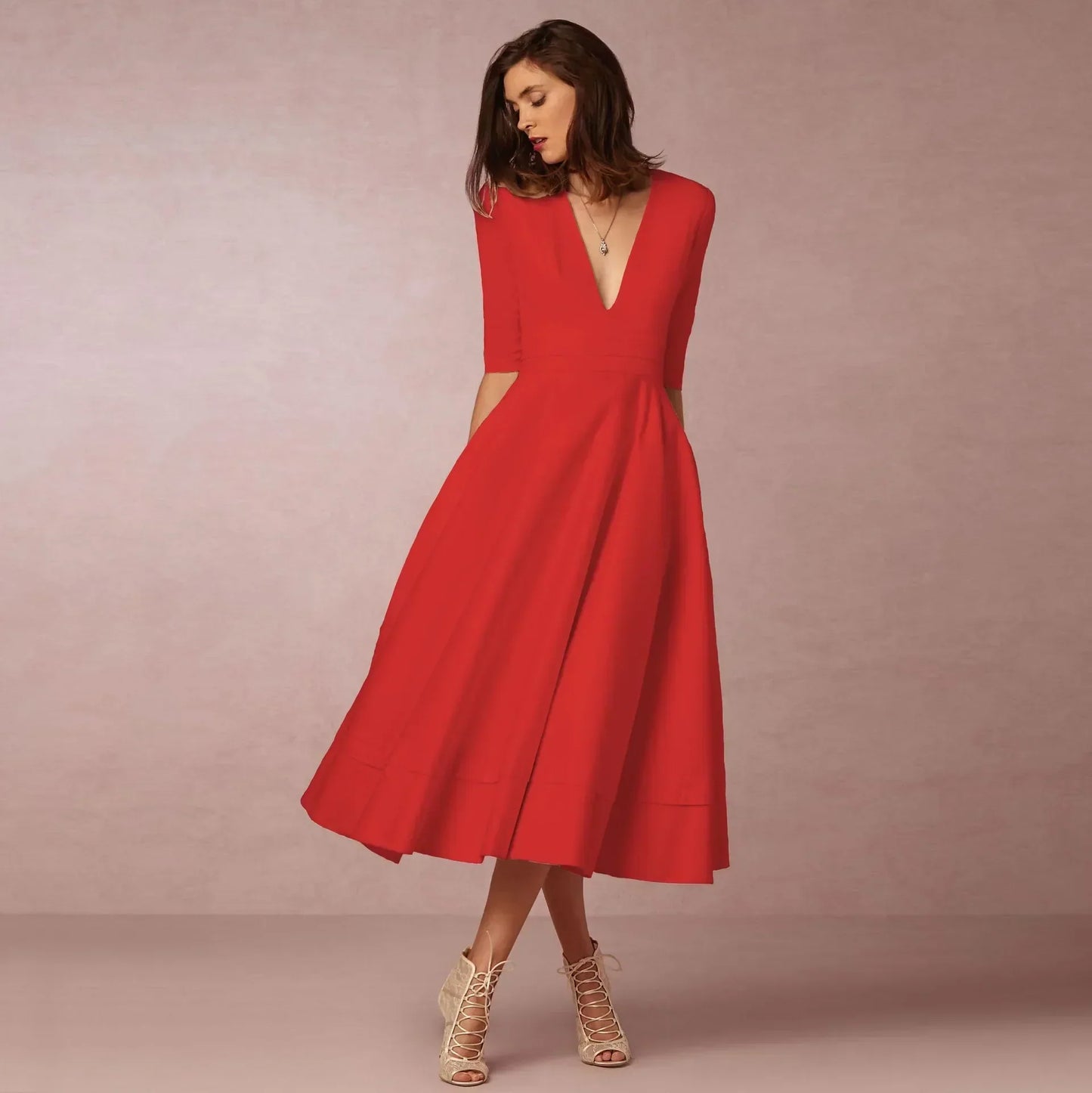Women's Elegant Solid V-Neck Flowing Flared Midi Dress