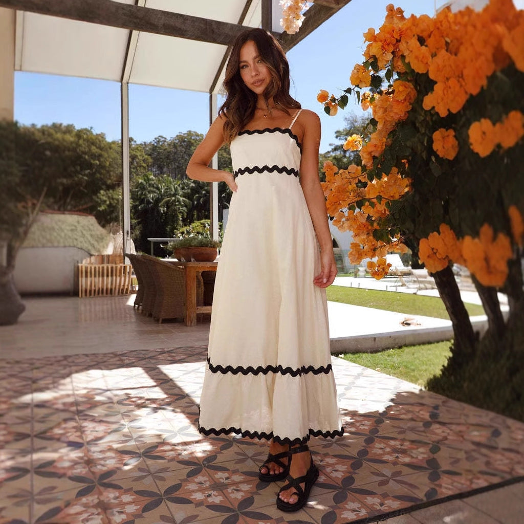 Women's Contrast Trim Strappy Maxi Dress Spaghetti Straps Summer Occasion