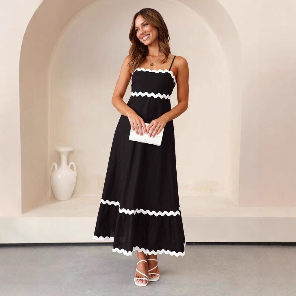 Women's Contrast Trim Strappy Maxi Dress Spaghetti Straps Summer Occasion