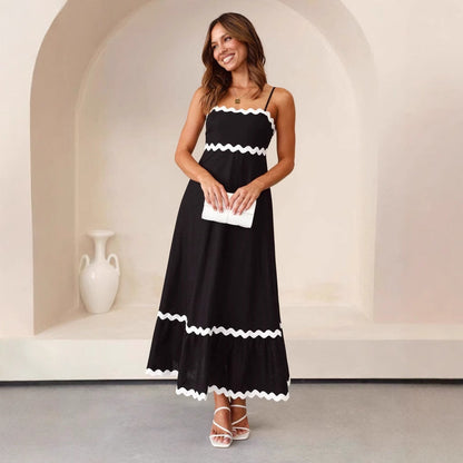 Women's Contrast Trim Strappy Maxi Dress Spaghetti Straps Summer Occasion