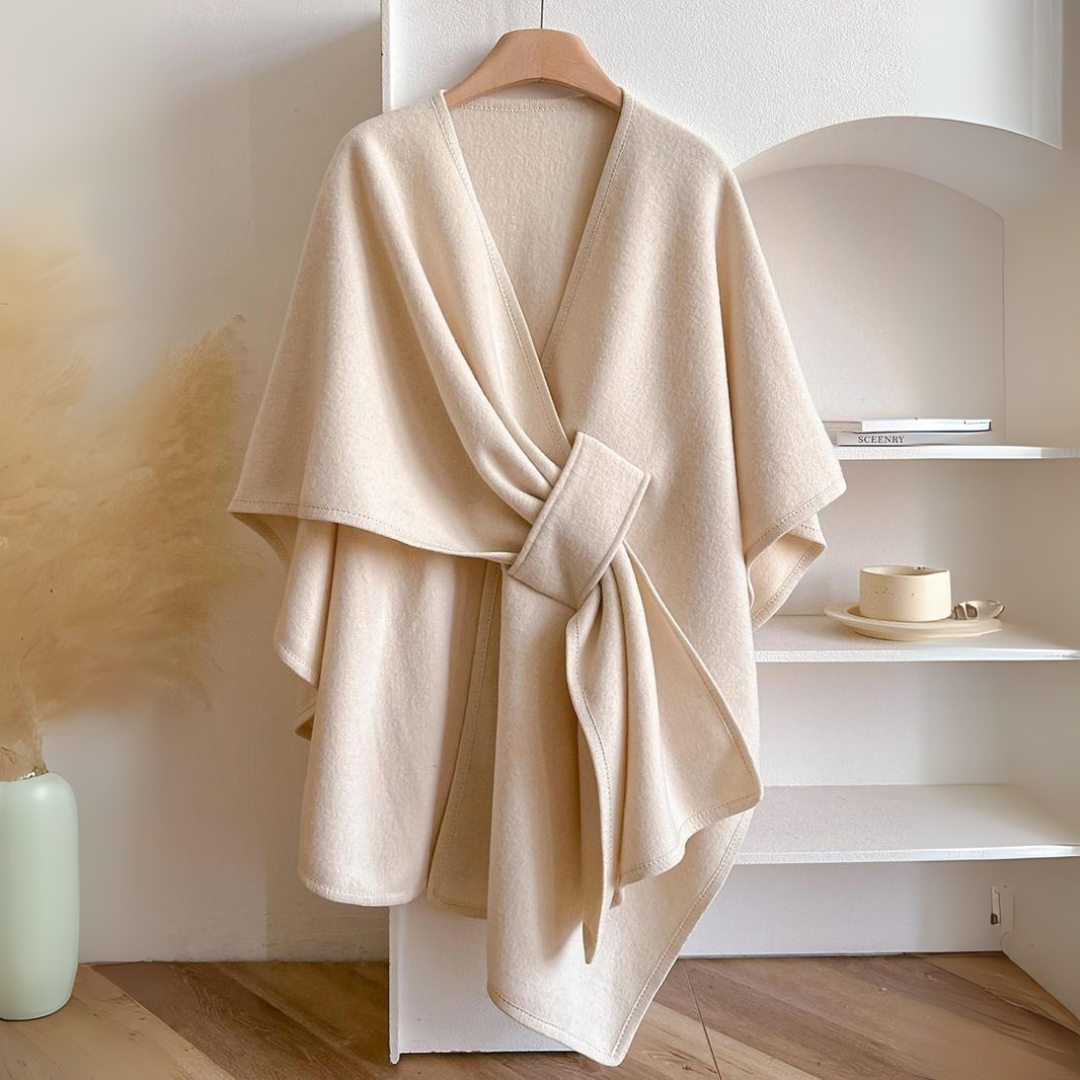 Women's Premium Drape Wrap Belted Poncho Cape Elegant Layering