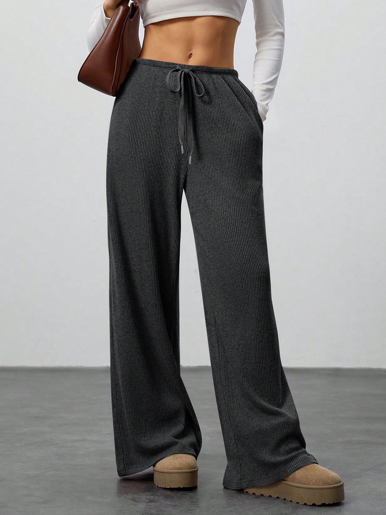 Women's Solid Colour Loose Wide Leg Drawstring Casual Trousers Style