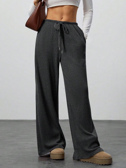 Women's Solid Colour Loose Wide Leg Drawstring Casual Trousers Style