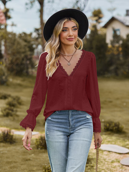 Women's Jacquard Lace V-Neck Long Sleeve Casual Blouse Top - LAKD London