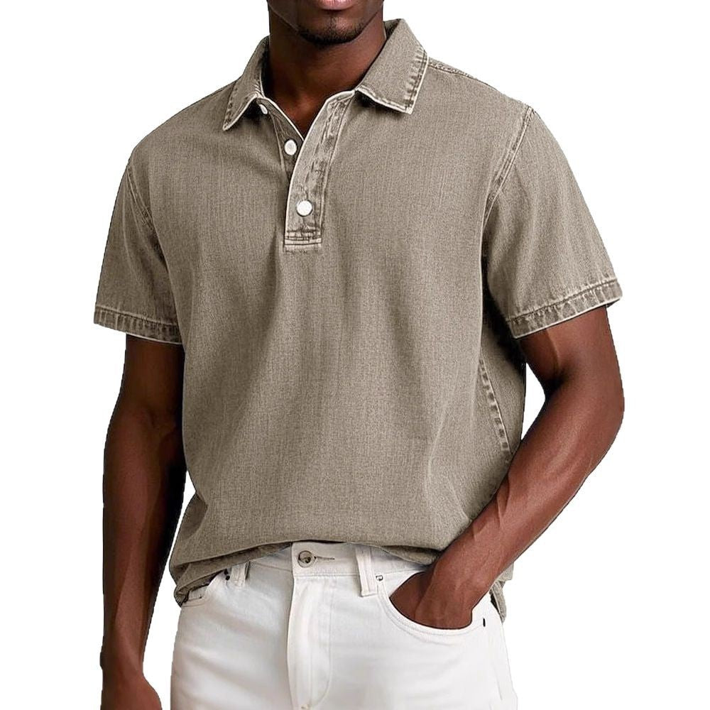Men's Solid Colour Vintage Short Sleeve Lapel Polo Shirt Casual