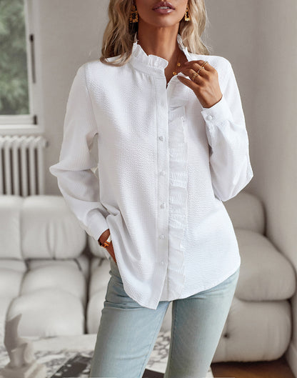 Women's Striped Ruffle Textured Long Sleeve Commuter Shirt - LAKD London