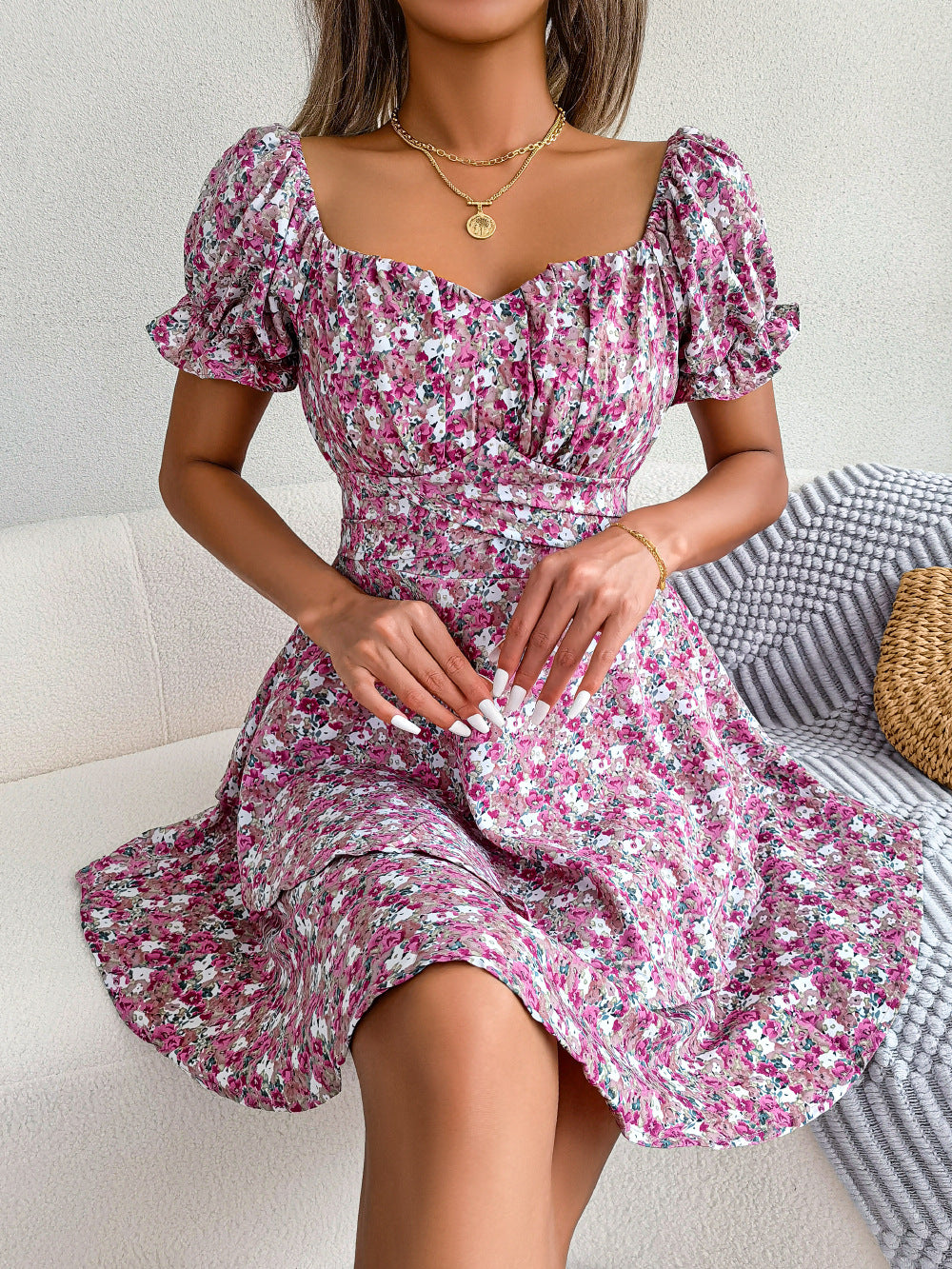 Women's Floral Mini Dress High Waist Swing Summer Style Casual