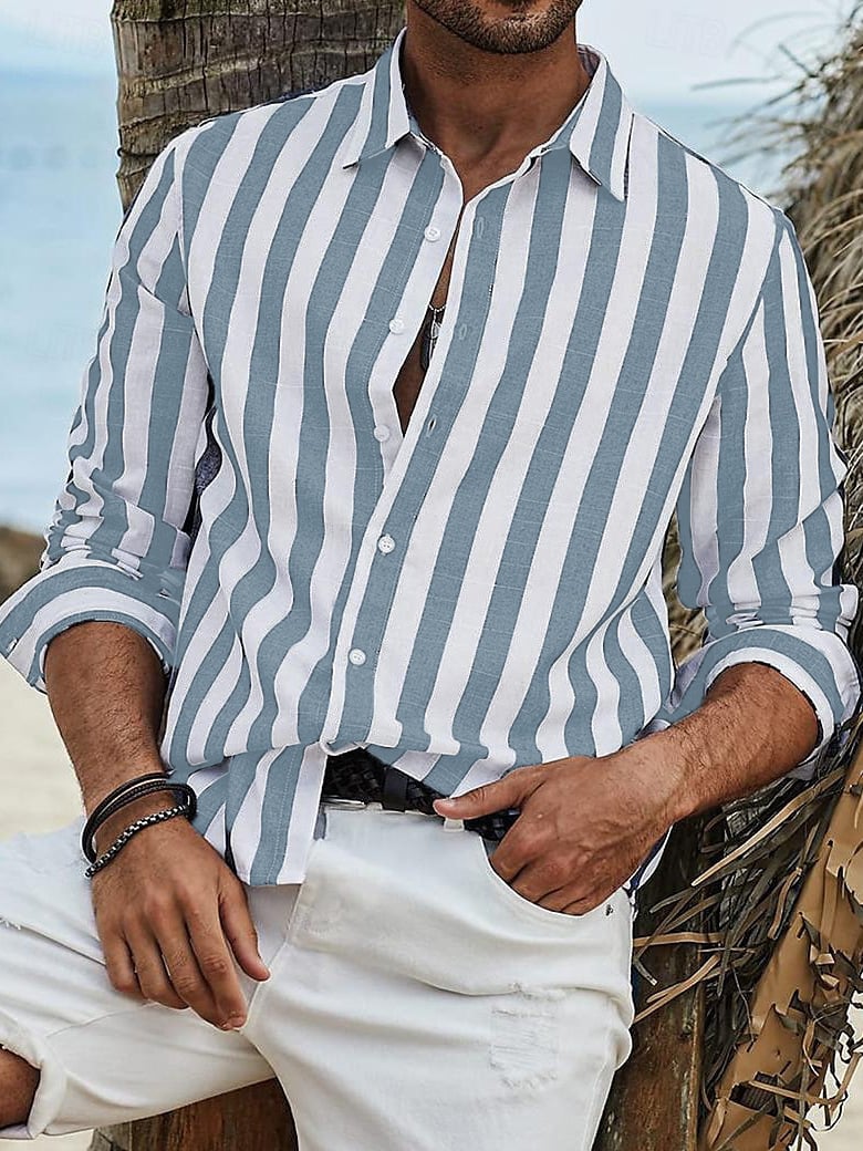 Men's Striped Long-Sleeve Cotton Summer Casual Breathable Shirt Everyday