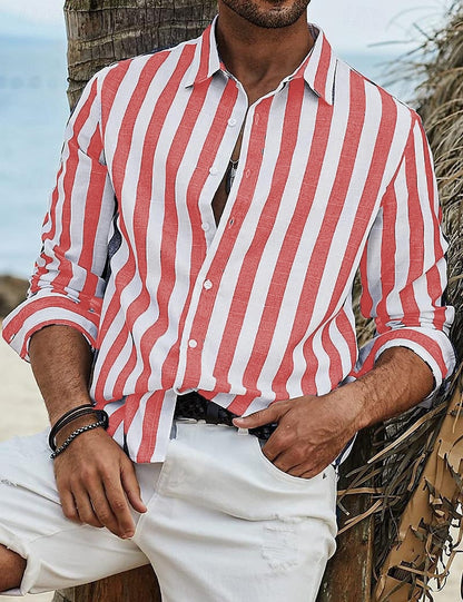 Men's Striped Long-Sleeve Cotton Summer Casual Breathable Shirt Everyday