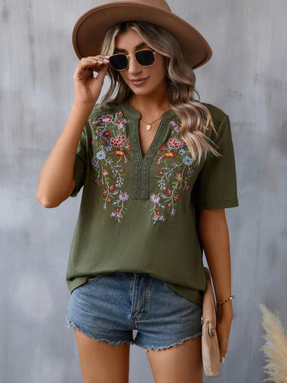 Women's Embroidered Short Sleeve Lace Collar Summer Blouse Shirt - LAKD London