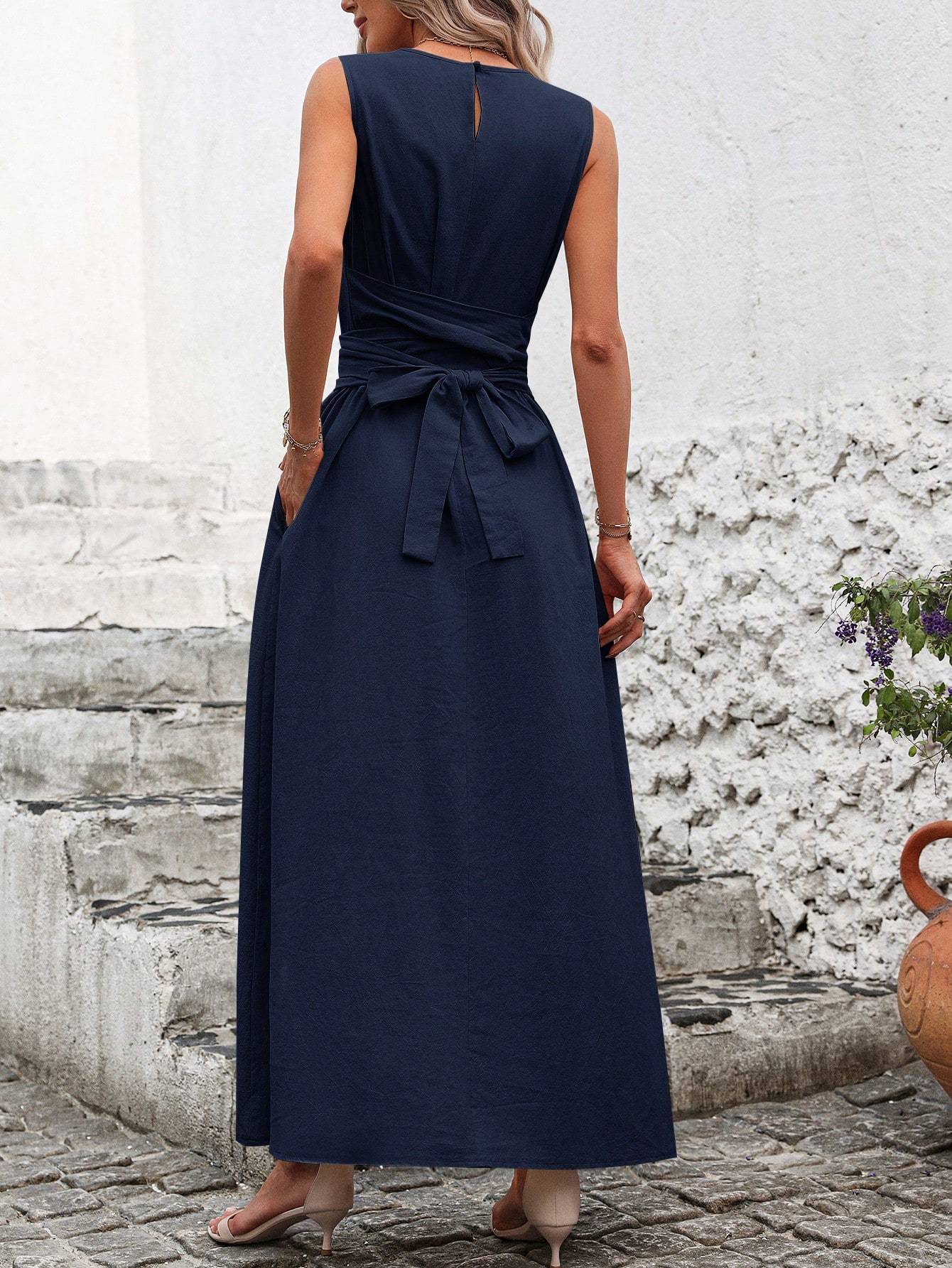 Women's Casual Sleeveless Round Neck Loose Commuter Cotton Dress Long - LAKD London