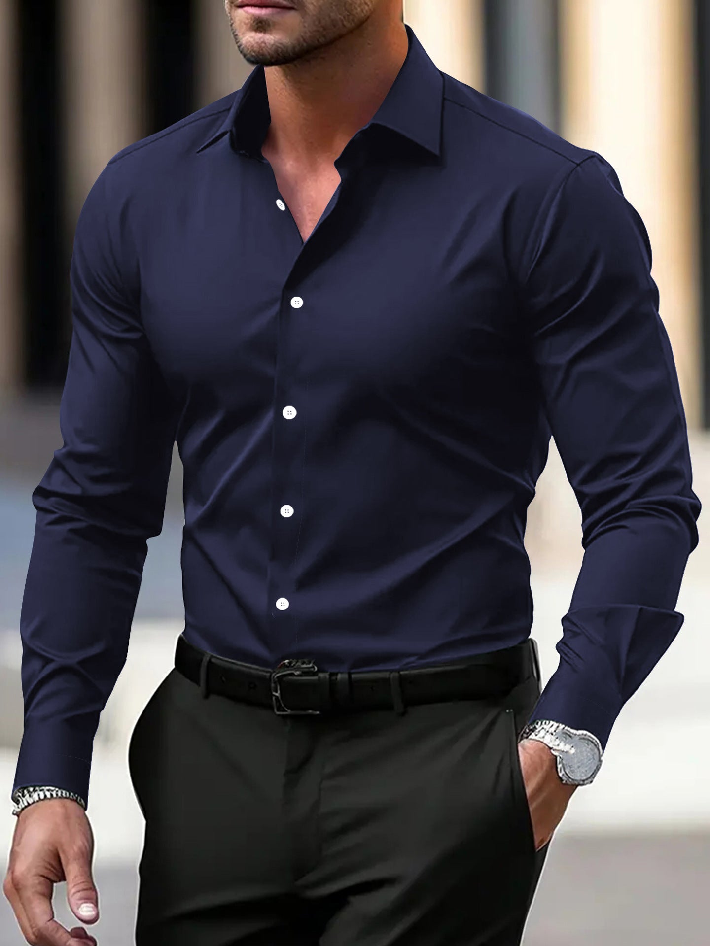 Men's LAKD solid color long sleeve button-down summer shirt with lapel collar, displayed on a hanger.