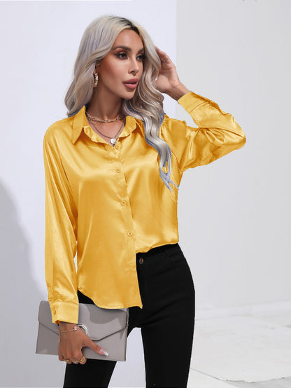 Women's Premium Satin Solid Color Button Front Lapel Blouse Shirt - LAKD London