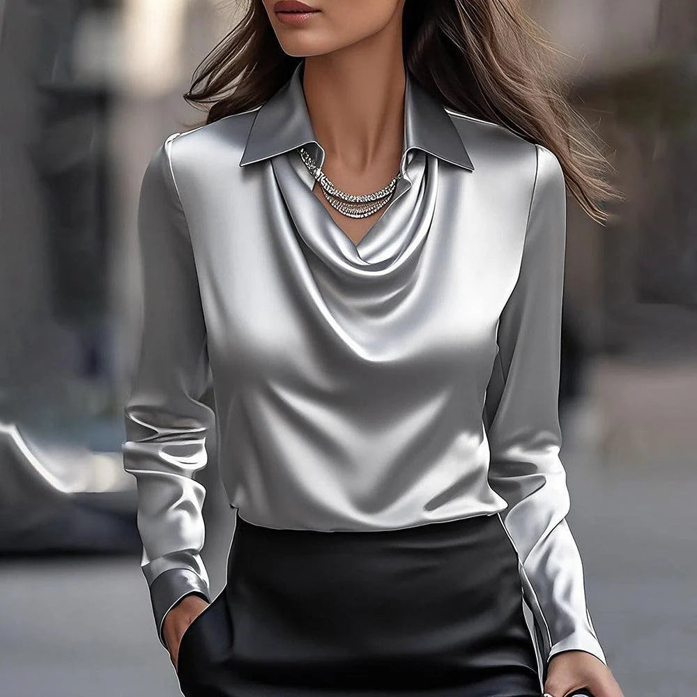 Women's Draped Cowl Neck Satin Blouse Elegant Long Sleeve Office