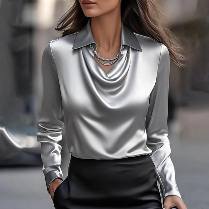 Women's Draped Cowl Neck Satin Blouse Elegant Long Sleeve Office
