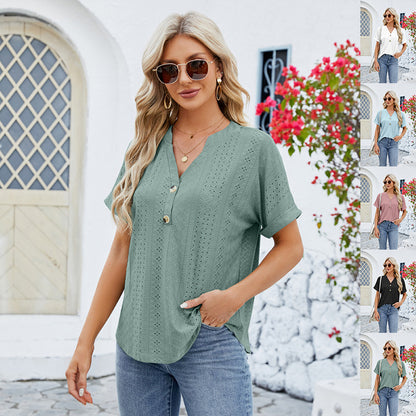 Women's Short Sleeved V Neck Rolled Hem Summer Casual T-Shirt - LAKD London