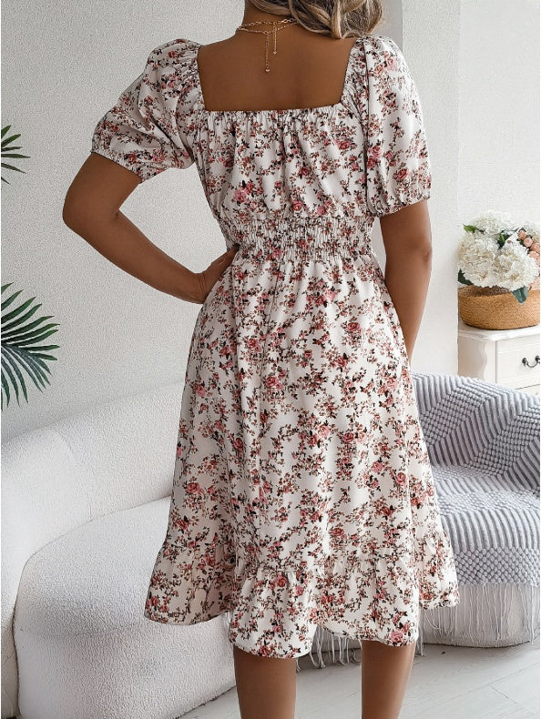 Women's Casual Vacation Puff Sleeve Floral Midi Dress Boho Style - LAKD London