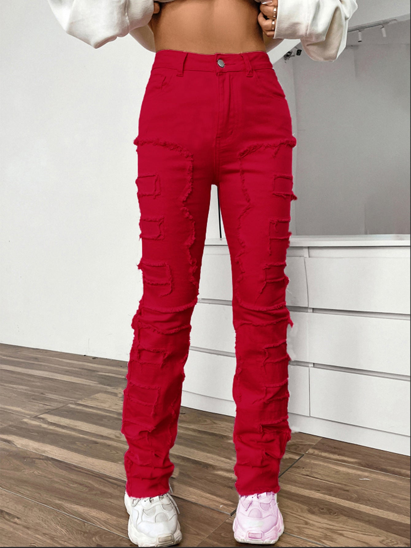 Women's Embroidered Straight Leg Jeans Mid Rise Denim Trousers Casual - LAKD London