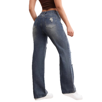 Women's High Waist Distressed Jeans - Straight Leg Ripped Denim Pants Casual Style