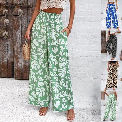 Women's Printed Summer High Waist Loose Straight Trousers Casual Style