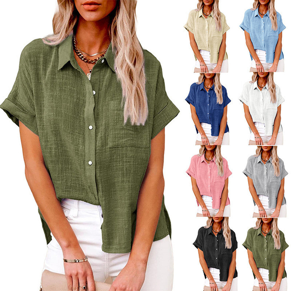 Women's Summer Cotton Short Sleeve Linen Lapel Button Shirt - LAKD London