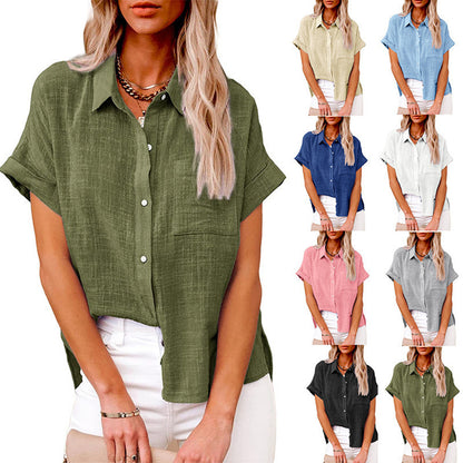 Women's Summer Cotton Short Sleeve Linen Lapel Button Shirt - LAKD London
