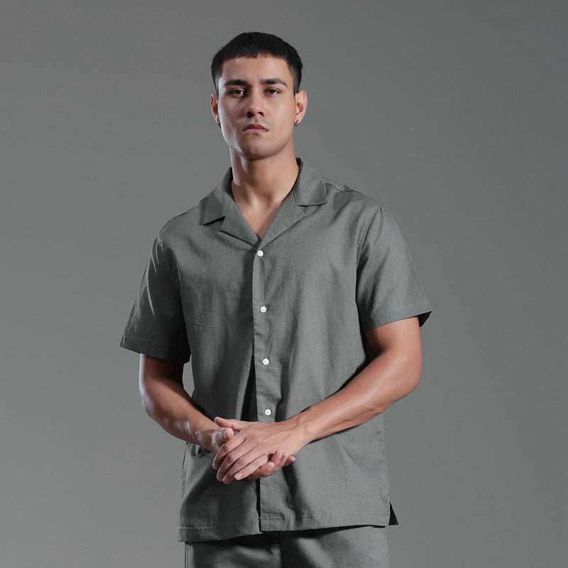 Men's Cuban Collar Cotton Linen Short Sleeve Summer Shirt Casual