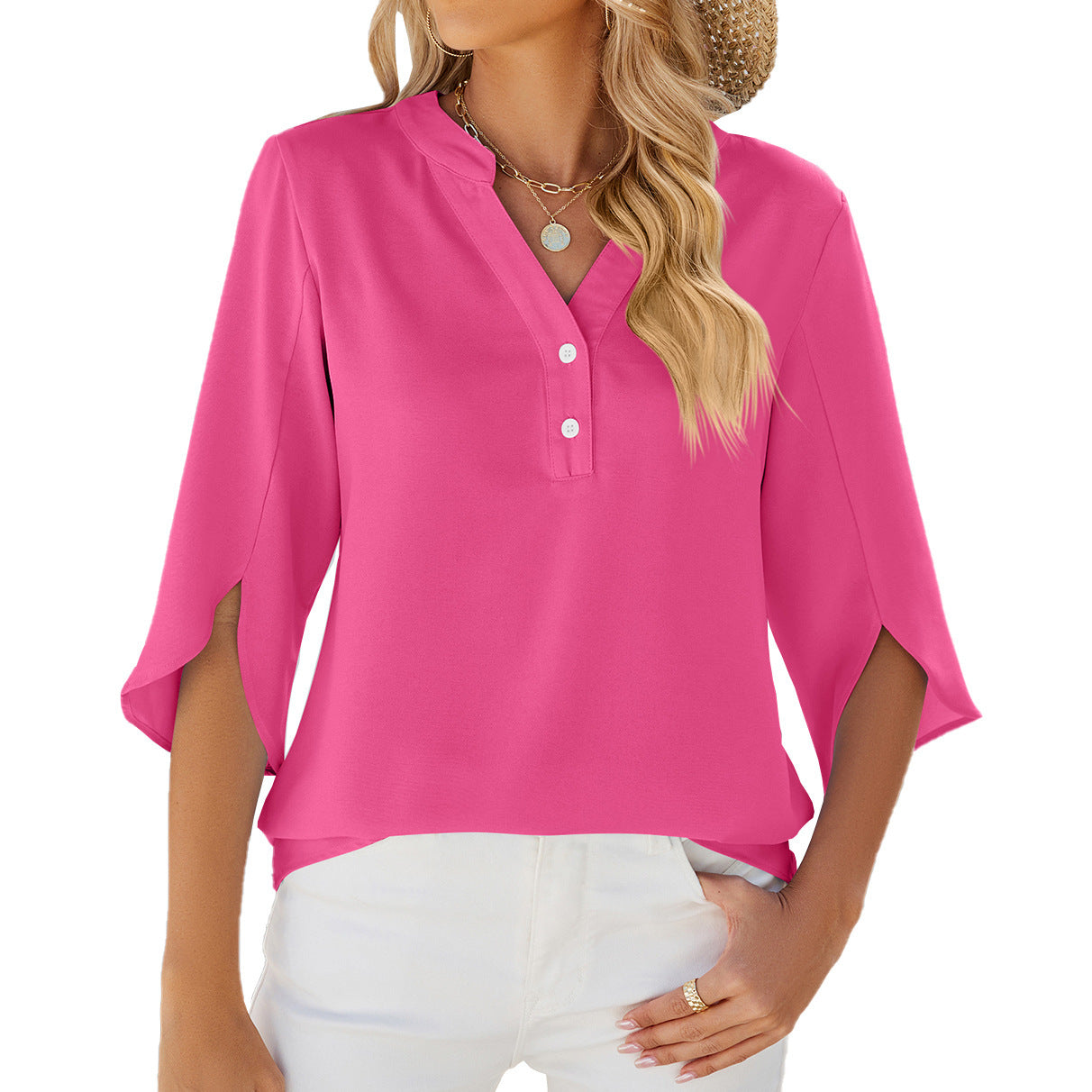 Women's Button V-Neck Mid Sleeve Chiffon Blouse Solid Top - LAKD London